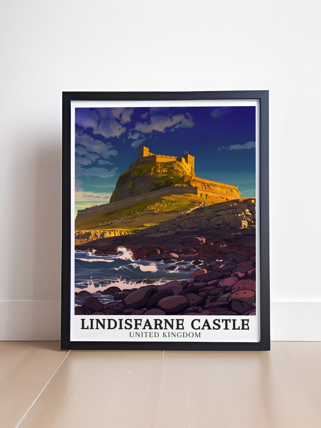 Lindisfarne Castle Framed Art showcasing the castle in all its glory, with the North Seas waves crashing below and the sky filled with dramatic clouds. This framed art is perfect for adding a touch of history and drama to your home decor.