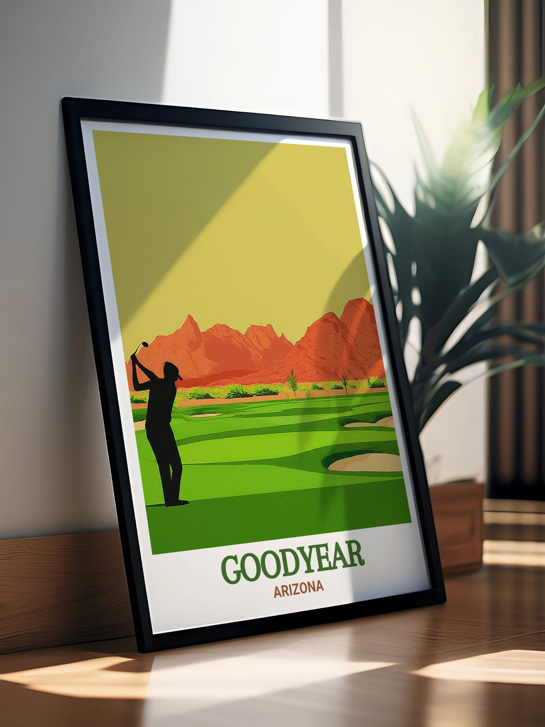 The Goodyear travel poster captures the tranquil beauty of Arizonas desert landscapes. The deep oranges and reds of the sunset, combined with the rugged mountains in the distance, make this artwork a striking focal point for any room. Perfect for those who love the deserts warm embrace and outdoor adventure.