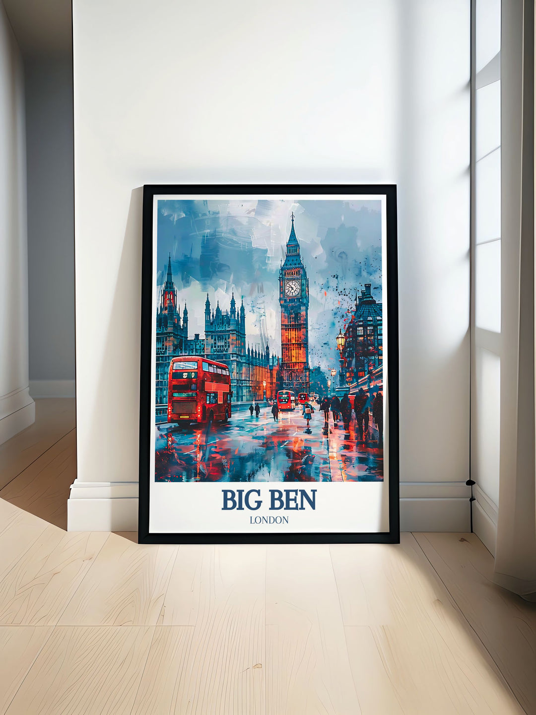 Unique artwork of London featuring Big Ben, Westminster Bridge, and the River Thames, perfect for personalized gifts or home decor. This print captures the essence of Londons most famous landmarks.