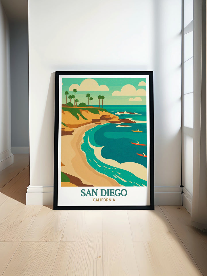 Framed art print showcasing La Jolla Coves dramatic coastline and rich marine environment, making it a striking addition to any room. This piece celebrates the unique charm of San Diegos beloved cove.