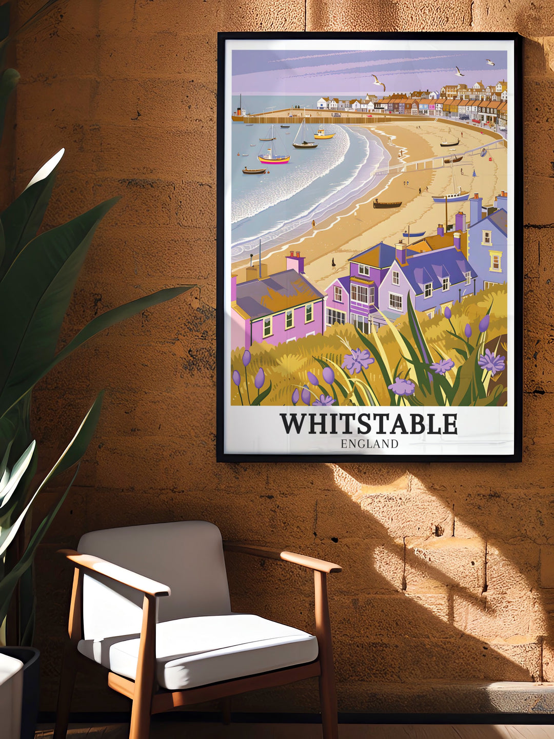 Travel poster of Whitstable Beach showcasing its vibrant atmosphere and scenic waterfront. This artwork highlights the beauty of this popular seaside destination, making it an ideal addition to any travel art collection.