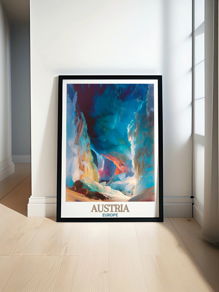 Austria Travel Poster featuring the Eisriesenwelt Ice Cave combines city prints and nature. This Austria wall art captures the beauty of the largest ice cave in the world and is perfect for living room decor or as a modern addition to any home space.