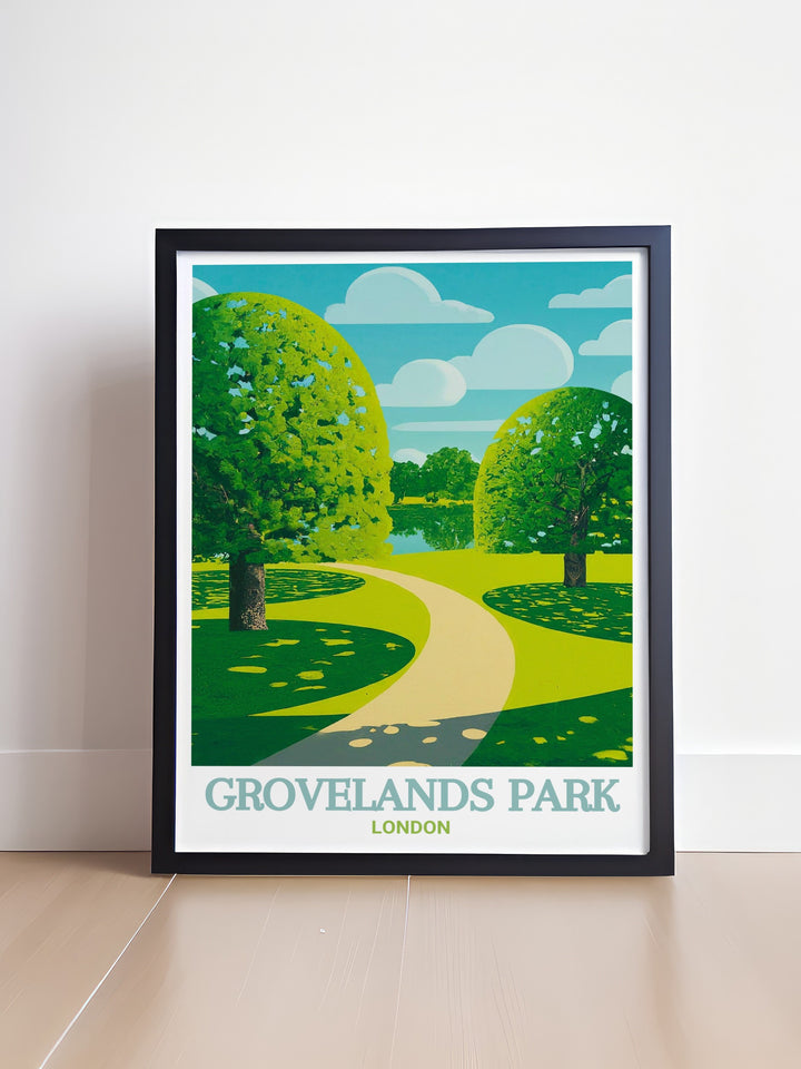 Discover the lush landscapes of Grovelands Park and Broomfield Park with this elegant London travel print. This art piece captures the tranquility of North London parks and is an excellent addition to any local park print collection.