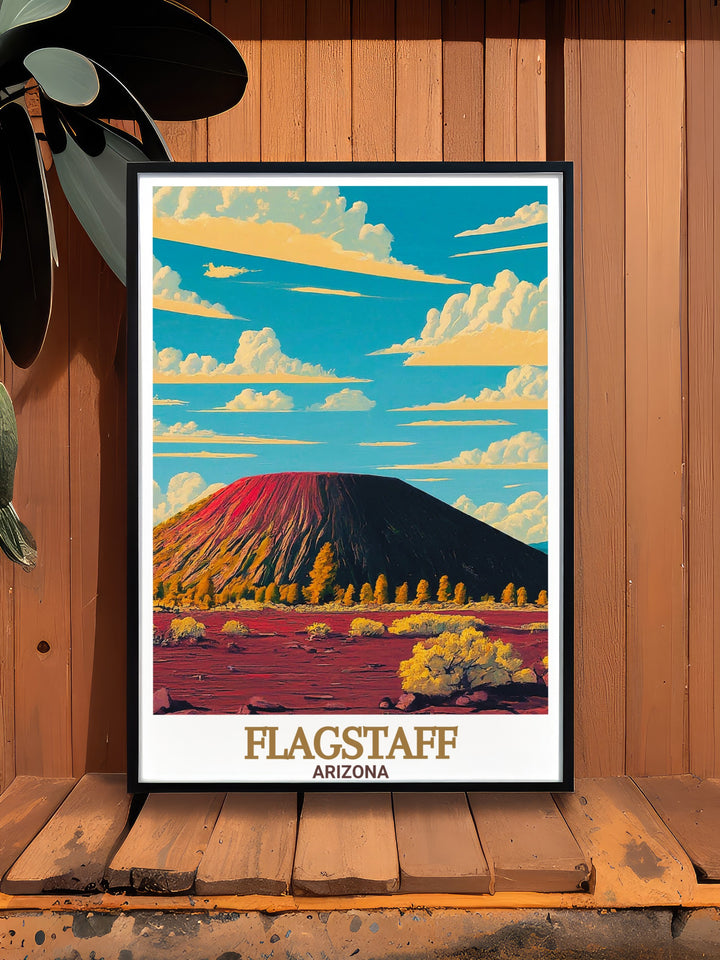 Flagstaff Arizona vintage poster showcases the volcanic landscape of Sunset Crater, where ancient eruptions shaped the land. This canvas print brings the untamed beauty of the American Southwest into your living space, perfect for nature lovers.