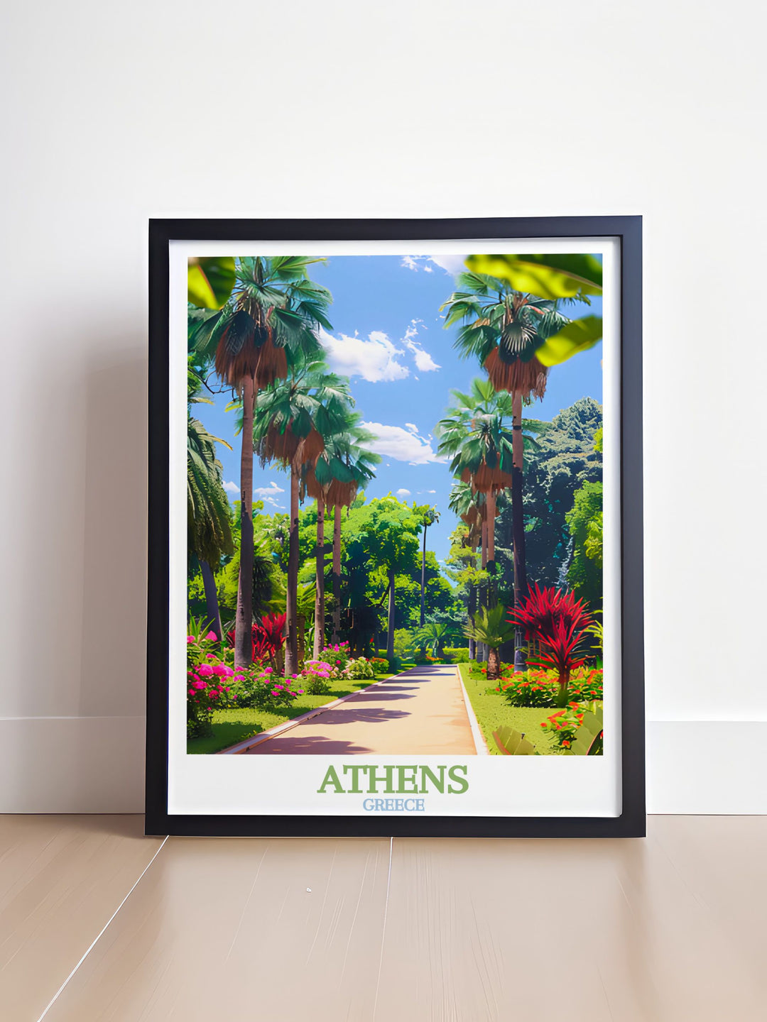 Stunning Athens Georgia photo print in black and white highlighting the citys unique layout and the tranquil National Garden. This matted art piece is perfect for home decor and as a Christmas gift.