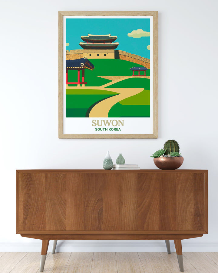 This detailed poster print of Suwons Hwaseong Fortress brings the historical beauty of South Korea into your home. A must have for art collectors and anyone passionate about travel, this artwork adds sophistication to any living space.