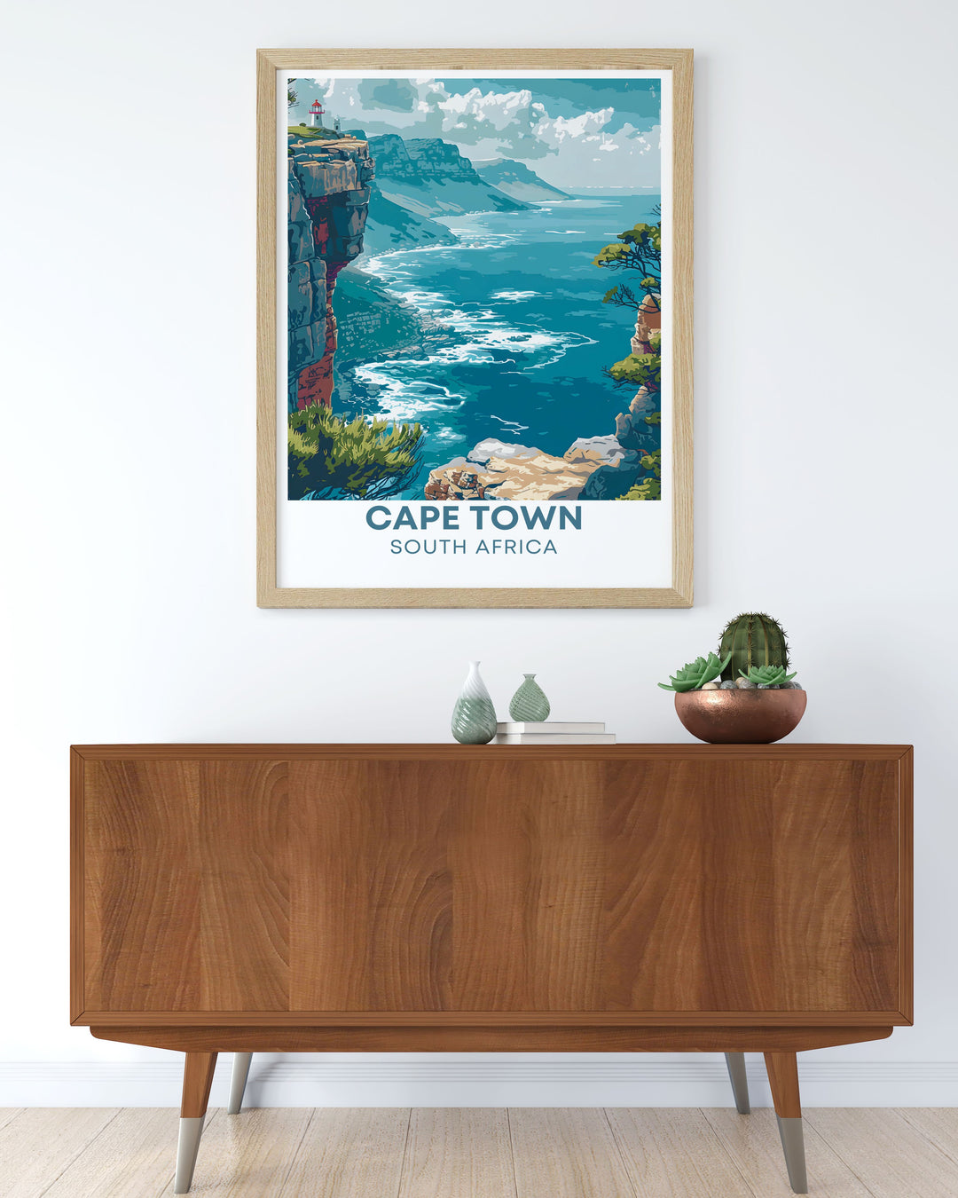 Highlighting the iconic presence of Table Mountain and the serene environment of Cape Point, this travel poster is perfect for those who appreciate the natural and historical richness of South Africa.