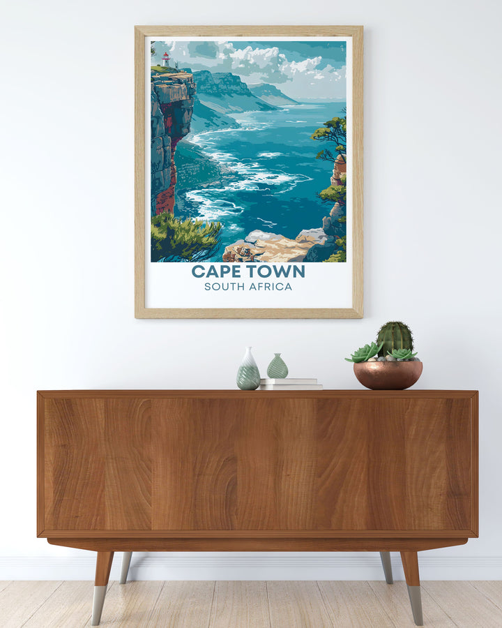 Highlighting the iconic presence of Table Mountain and the serene environment of Cape Point, this travel poster is perfect for those who appreciate the natural and historical richness of South Africa.