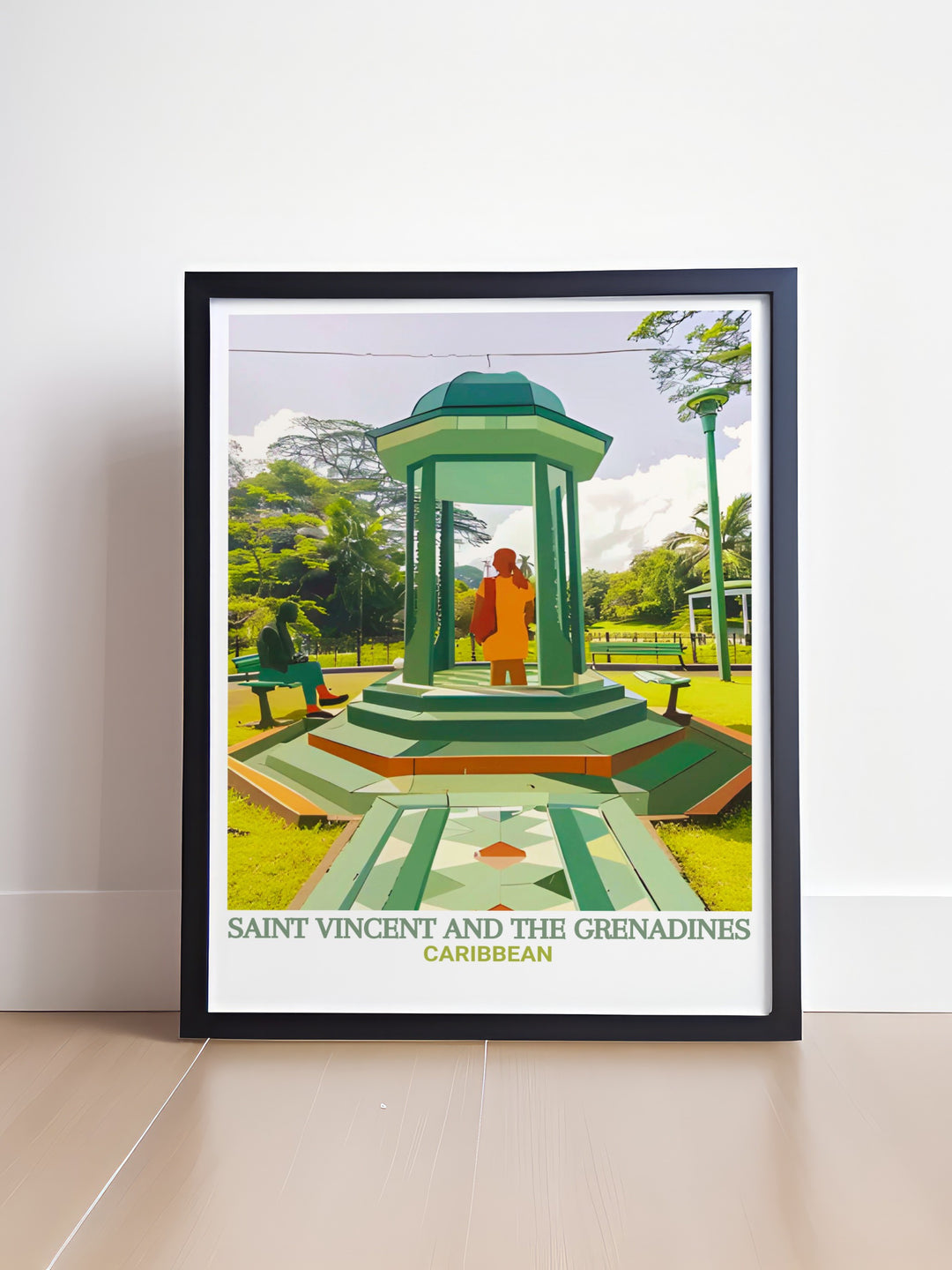 A travel print of Saint Vincent, capturing the vibrant atmosphere of the Botanic Gardens and the clear blue waters of the Caribbean Sea. Ideal for those who love the tropics, this artwork brings the warmth and charm of the islands into your home.