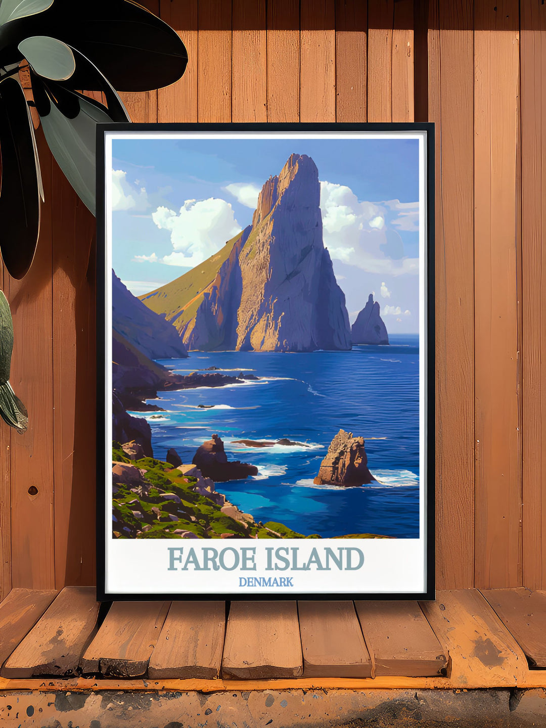 Tindhólmur is highlighted in this travel poster, capturing its majestic charm and the dramatic beauty of the Faroe Islands, perfect for your living space.