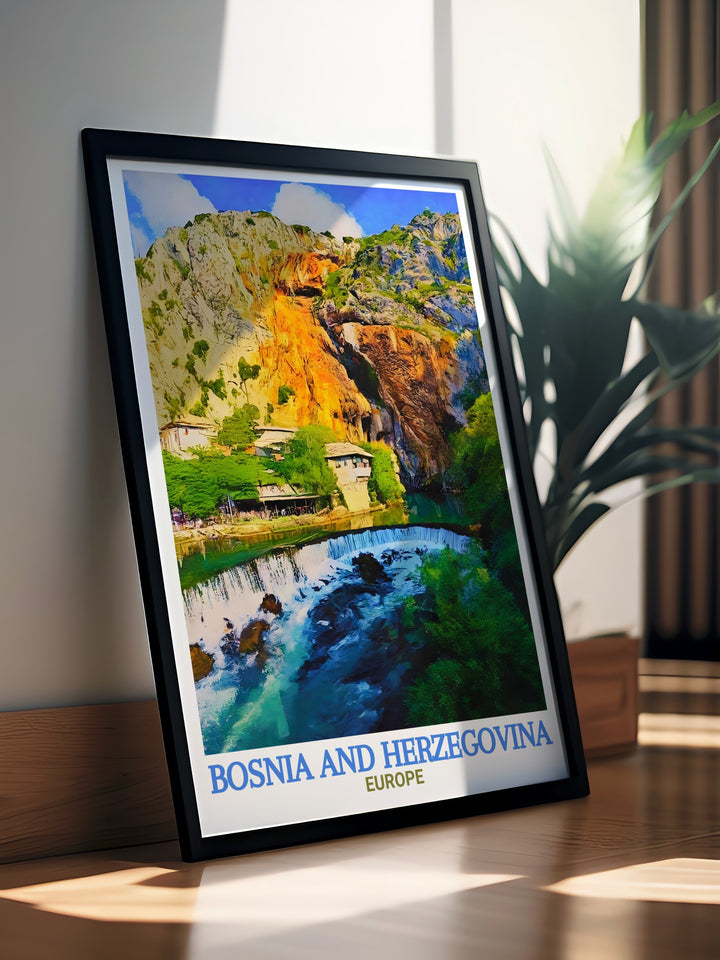 Bosnia travel print highlights the stunning natural surroundings of Blagaj Tekija, with its towering cliffs and flowing river. This poster is a great way to bring the serene beauty of Bosnia and Herzegovina into any room.