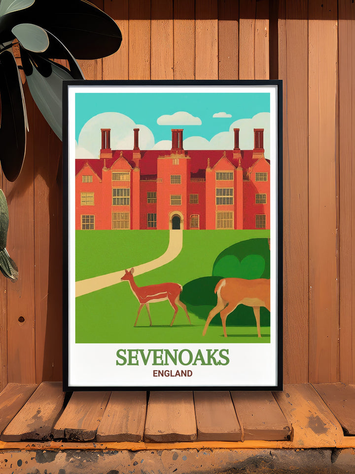 Travel print of Knole Park in Sevenoaks, England, offering a stunning view of the estates expansive parklands and the historic Knole House. The high quality print brings the vibrant colors and intricate details of the landscape to life, making it a standout piece in any art collection. This travel print is perfect for history enthusiasts, nature lovers, and anyone who wants to bring a piece of Englands countryside into their home.