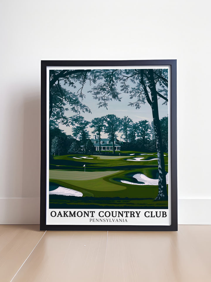 Elevate your home decor with this Oakmont poster print highlighting Oakmonts Course and the Oakmont country club house in Plum Pennsylvania ideal for adding a touch of sophistication and local pride to your living room or office with stunning wall art