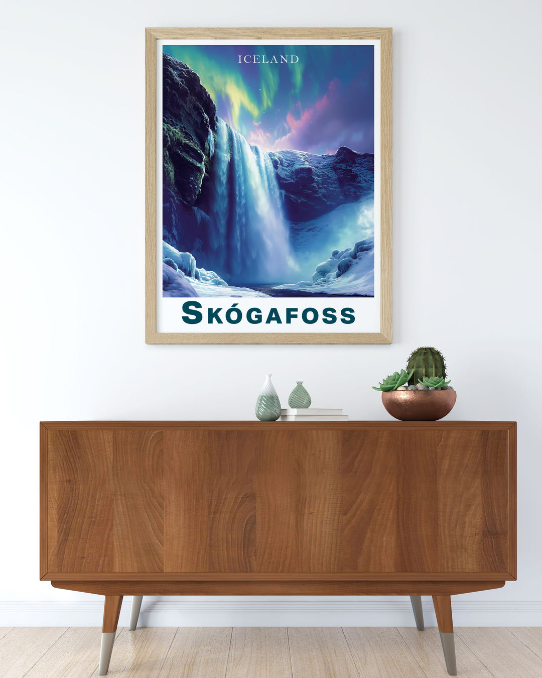 Beautiful Skogafoss waterfall northern lights wall art featuring the iconic Icelandic waterfall illuminated by the breathtaking northern lights a must have piece for nature and adventure enthusiasts