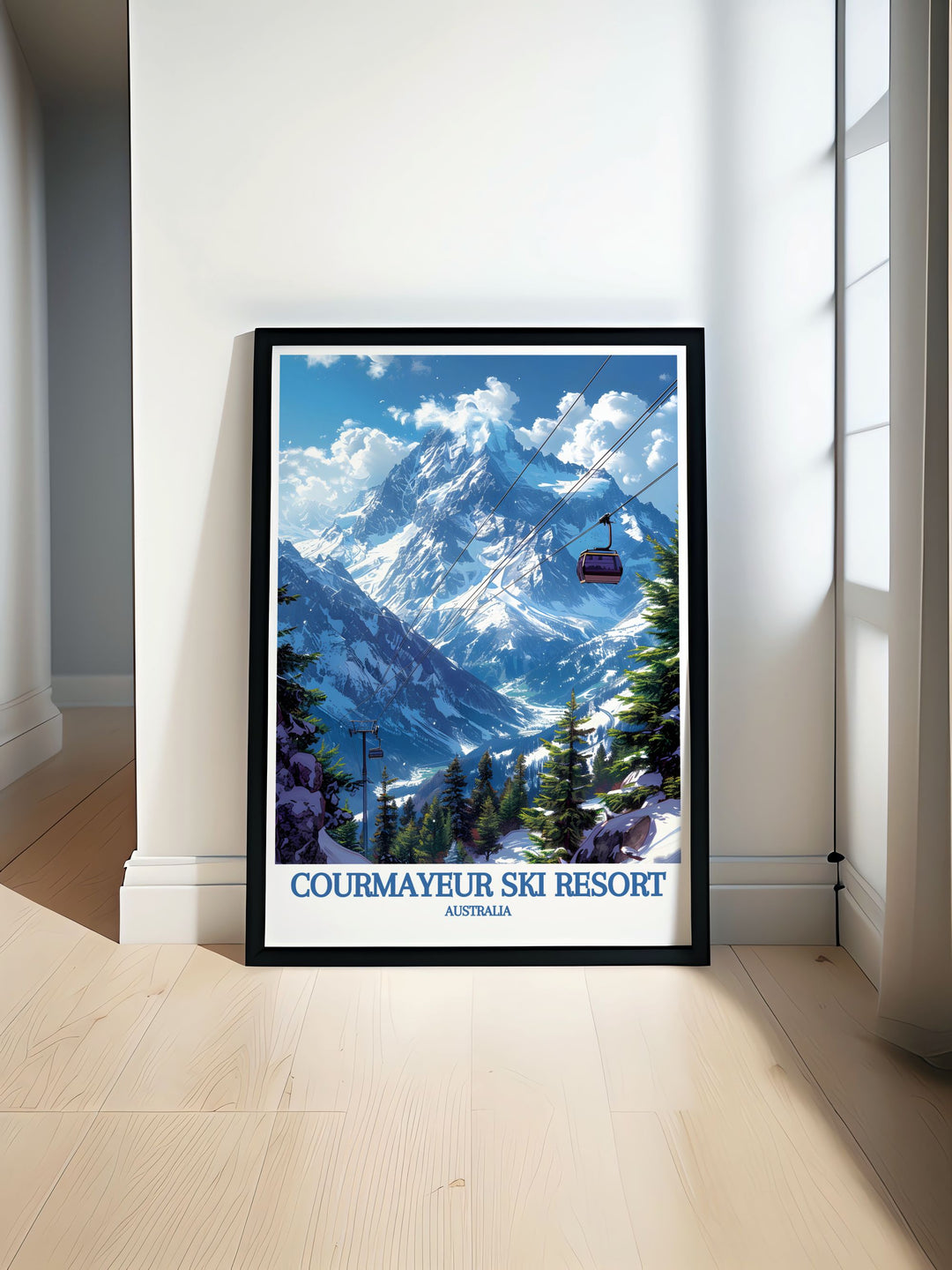 This poster artfully depicts the natural beauty of Mont Blanc and the exhilarating ski slopes of Courmayeur, offering a perfect blend of Italys landscapes and cultural landmarks for your decor.