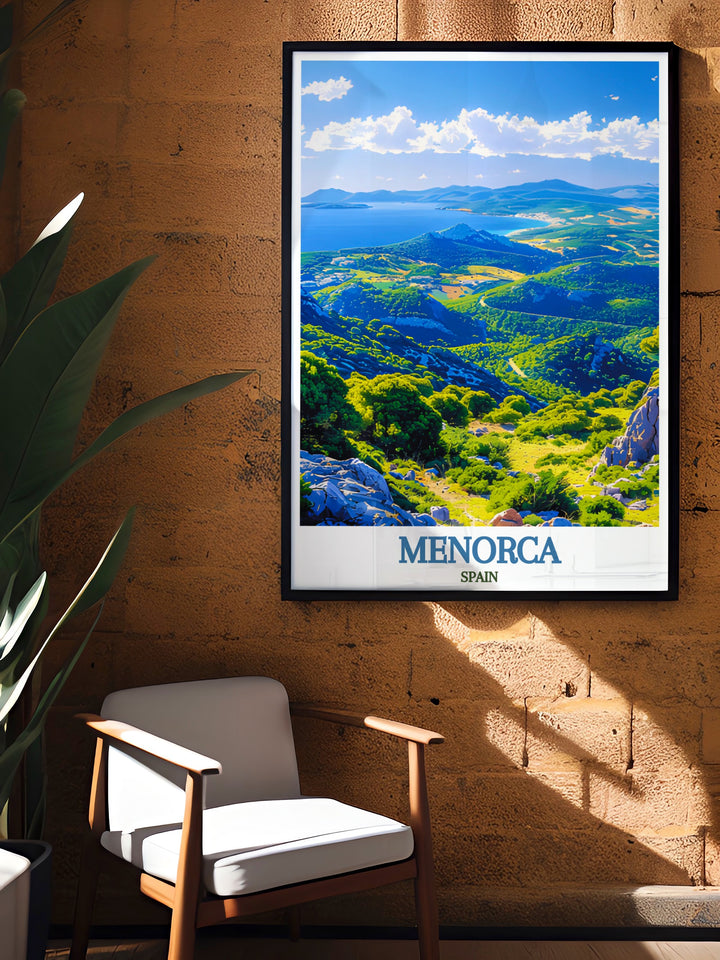 Monte Toro wall art showcasing the picturesque landscape of Menorcas highest point with its tranquil views and lush green surroundings making it a perfect addition to Spain wall decor and a thoughtful gift for art lovers who appreciate natural beauty.