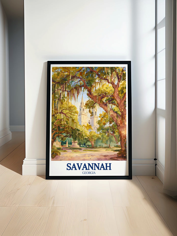 Stunning modern print of Forsyth Park with the Cathedral of St. John the Baptist perfect for adding elegance to any living room decor capturing the historic charm and natural beauty of Savannah South Carolina