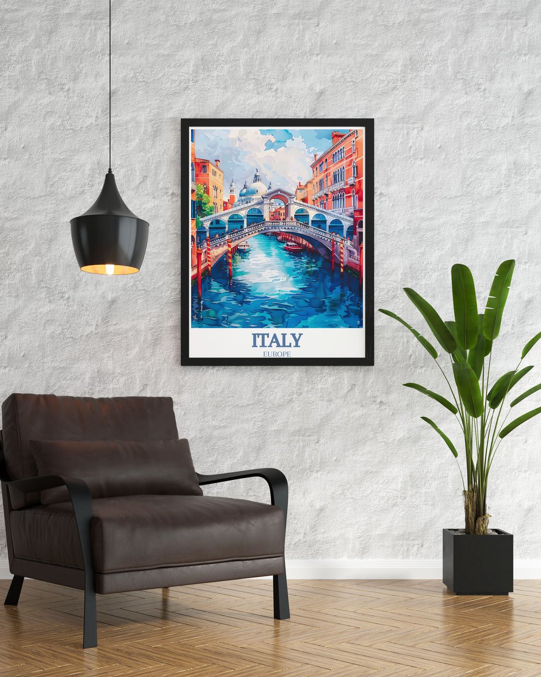 The vibrant colors and detailed architecture of the Rialto Bridge and St. Marks Basilica are captured in this poster, celebrating the artistic and historical richness of Venice.