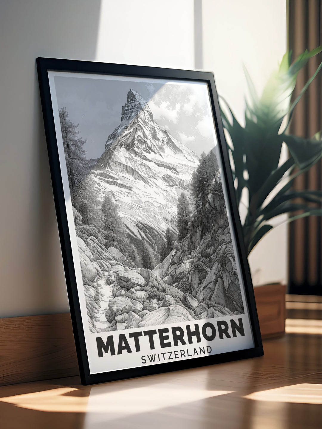 Vintage Matterhorn Ski Resort Print capturing the grandeur of the Swiss Alps with detailed mountain artwork ideal for elegant home decor