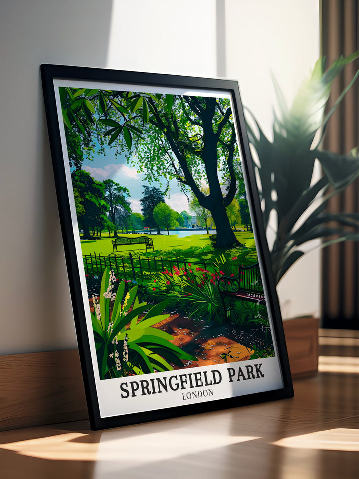 Vintage Hackney Poster showcasing Springfield Park and The White Lodge The Pond a beautiful framed print that captures the serene ambiance of East London perfect for adding a timeless and peaceful scene to your living room or hallway.