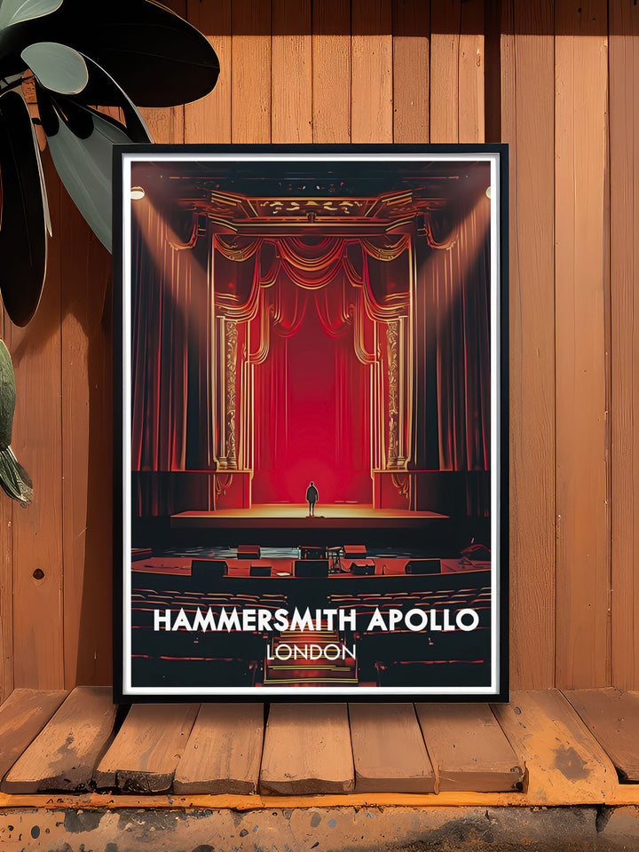 Featuring the iconic Hammersmith Apollo, this travel poster offers a detailed view of the historic venues stage, perfect for music lovers and history enthusiasts.
