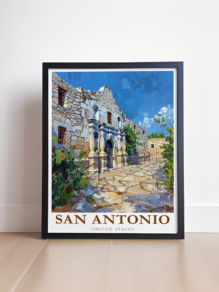 Our Alamo travel poster presents San Antonios most iconic landmark, offering a glimpse into the citys storied past. Ideal for gifting or personal decor, this print is a must have for those who admire Texas history.