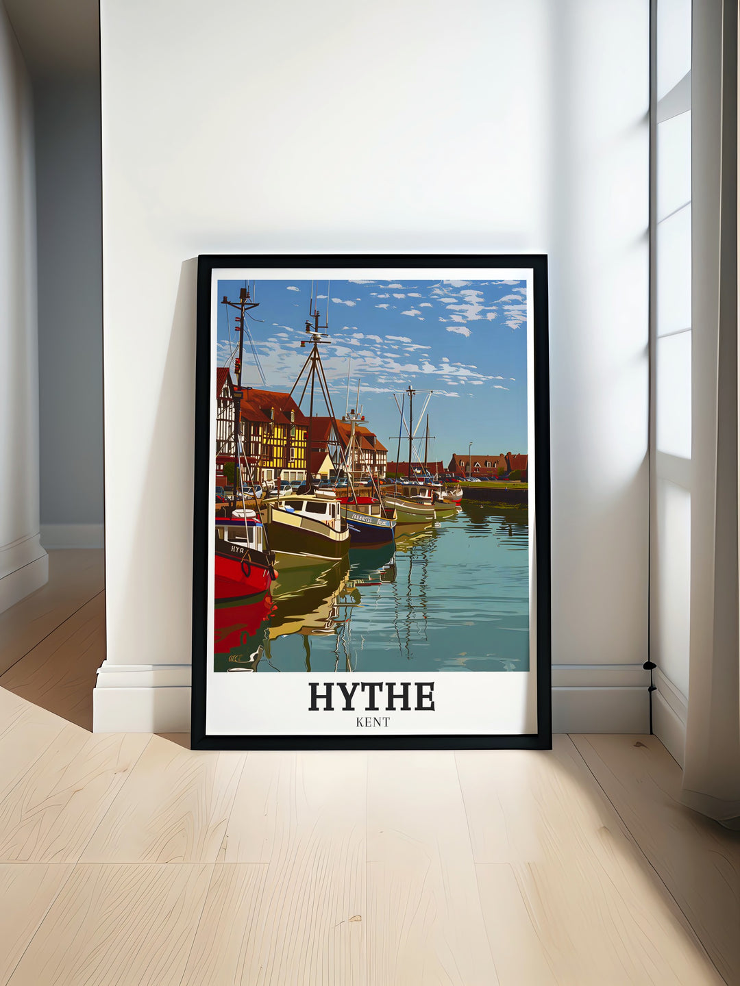 Hythe Harbour Southampton wall art beautifully showcases the serene coastal charm of Kent. This travel print is perfect for adding elegance to your living space with its detailed depiction of the harbor and surrounding landscape.