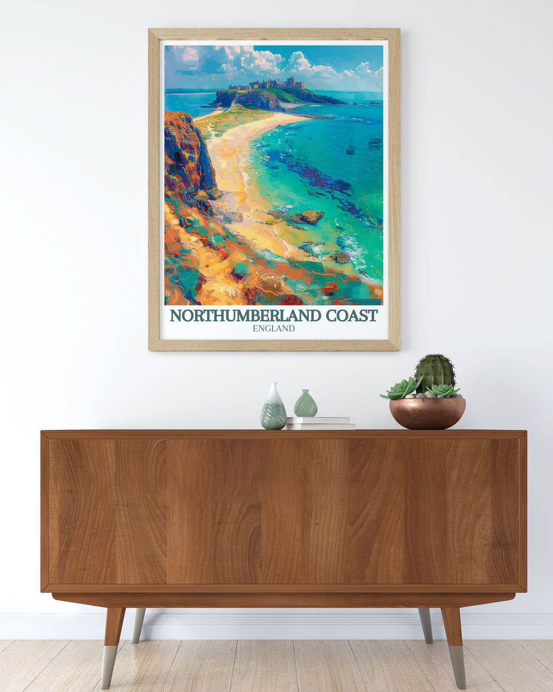 Seahouses wall art depicting the quaint village with the imposing Bamburgh Castle and Dunstanburgh Castle in the background capturing the essence of Northumberlands coastal beauty and heritage a must have for art lovers.
