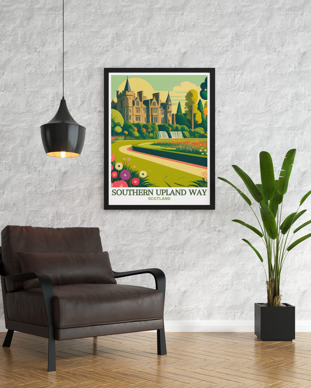 Southern Upland Way and Castle Kennedy Gardens wall art featuring the scenic landscapes and rich history of these iconic landmarks. This print is perfect for adventurers and history buffs, celebrating the awe inspiring natural and historical wonders of Scotland.