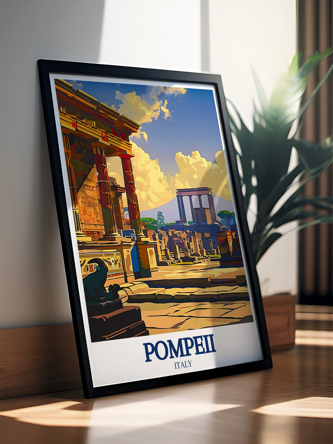 Pompeii travel poster highlighting the iconic landmarks of the ancient city, including the Pompeii Forum and the House of the Faun. This vintage style wall poster is a great addition for anyone fascinated by the history and culture of ancient Rome.