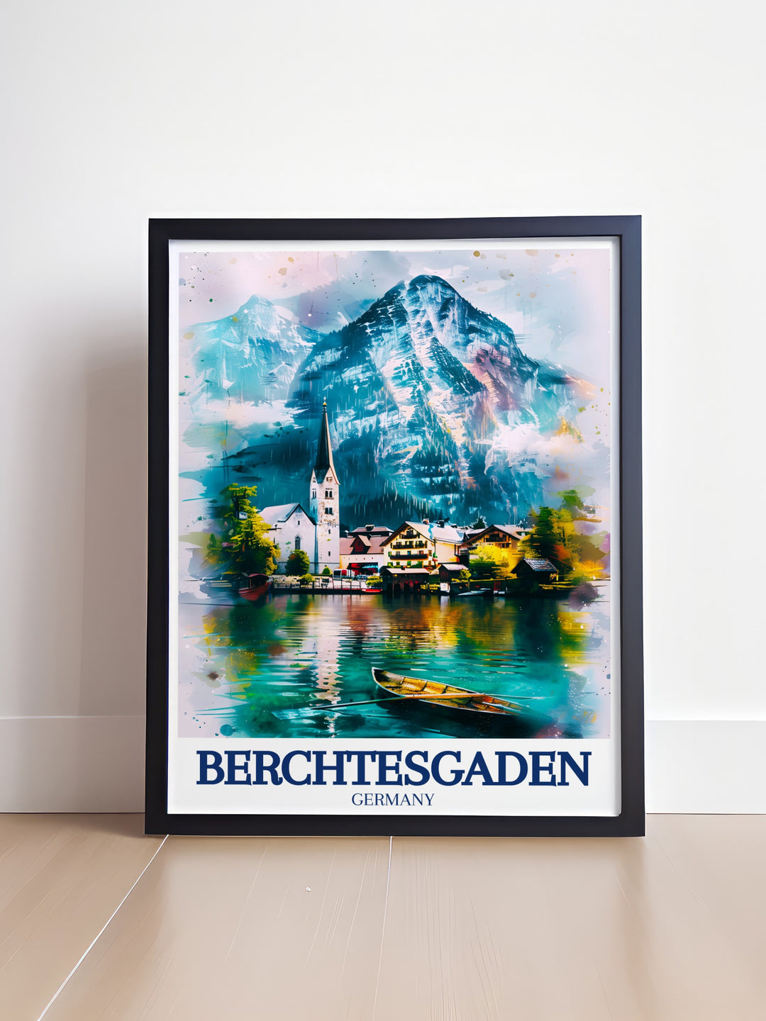 The Ramsau Village travel print captures the famous parish church with its stunning mountain backdrop. This wall art piece perfectly represents the charm of rural Bavaria and is ideal for anyone looking to add a touch of German elegance to their home.