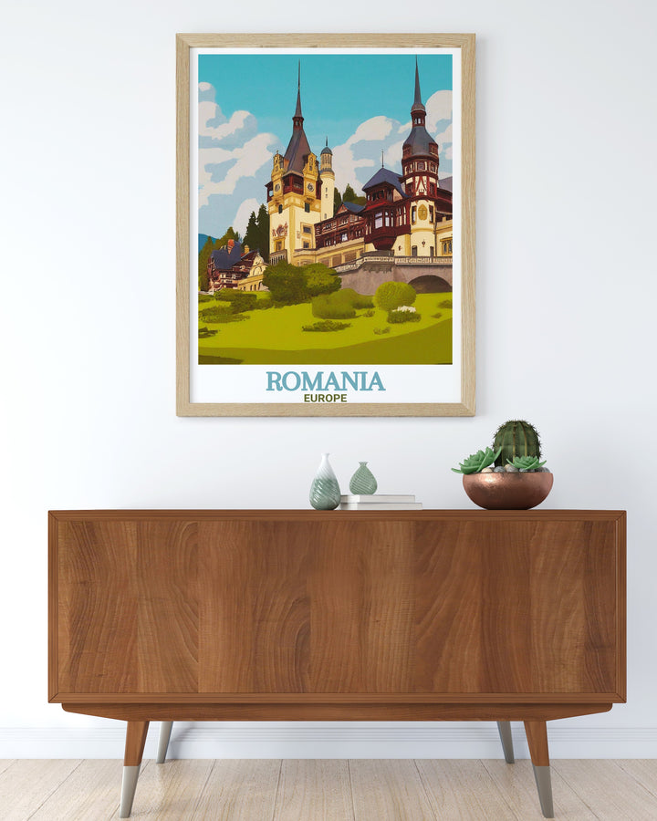 An exquisite framed art print of Peleș Castle, Romania, illustrating the castles intricate details against the stunning backdrop of the Carpathian Mountains. Perfect for anyone interested in European history and architecture, this wall art adds a regal touch to any space.