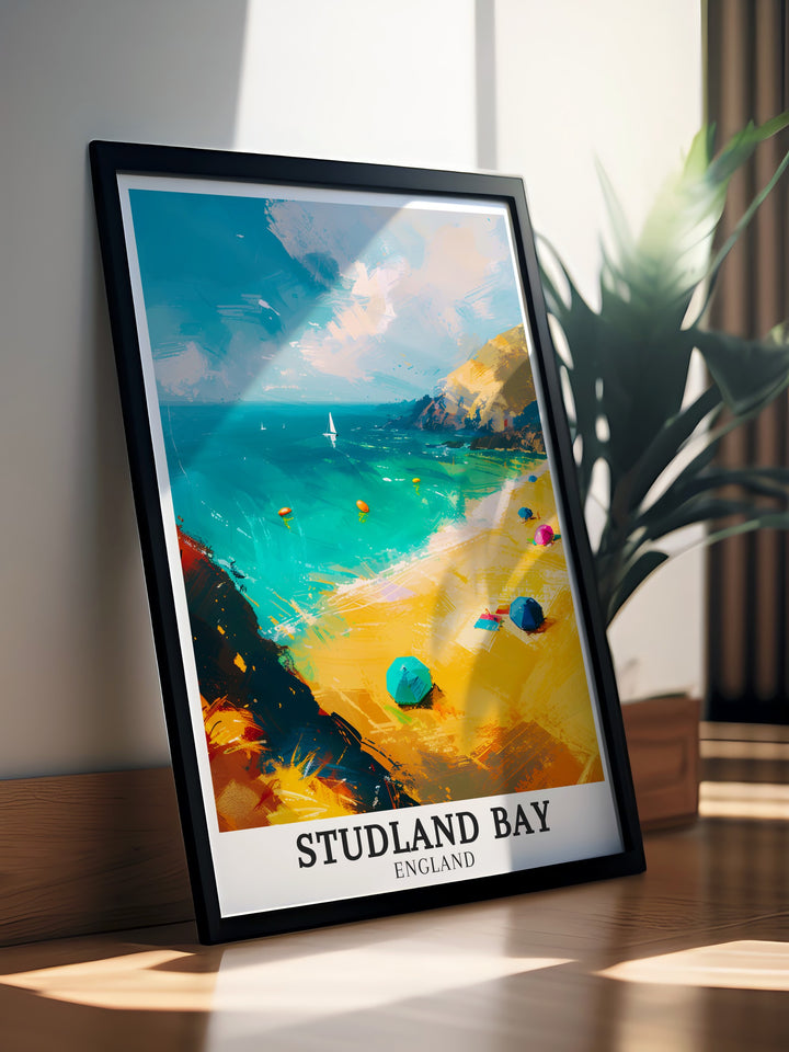 Studland Beach Dorset wall art featuring the scenic beauty of Studland Bay ideal for adding a touch of Englands coast to your decor. This art print is a great choice for home decoration or as a special travel gift for friends and family.