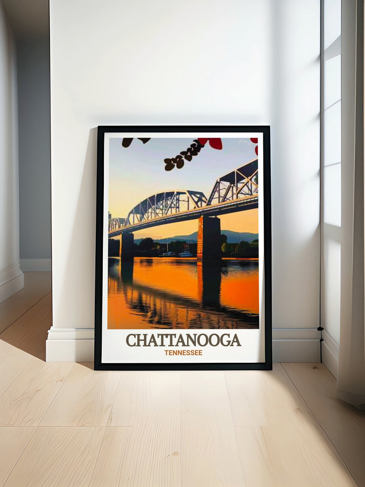 Walnut Street Bridge Art Print showcasing a detailed black and white fine line depiction of Chattanoogas iconic bridge and street map elements perfect for adding a touch of sophistication and history to your home or office decor