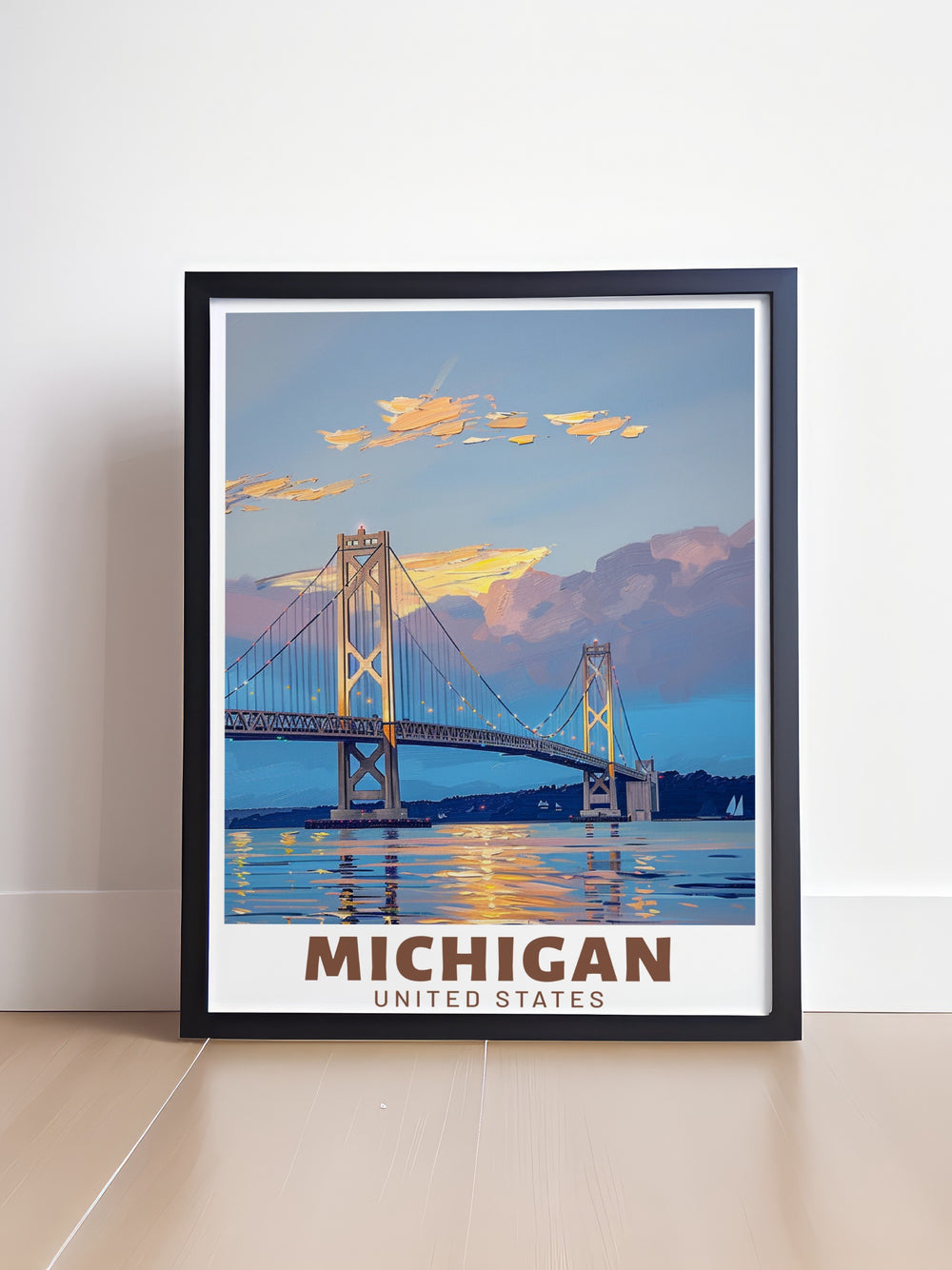 This Michigan print brings the beauty of the Mackinac Bridge and Leelanau to life in vibrant, vintage colors. A perfect choice for guest spaces or homes, it serves as a reminder of Michigans natural beauty. This travel poster is ideal for lovers of scenic landscapes and classic artwork.