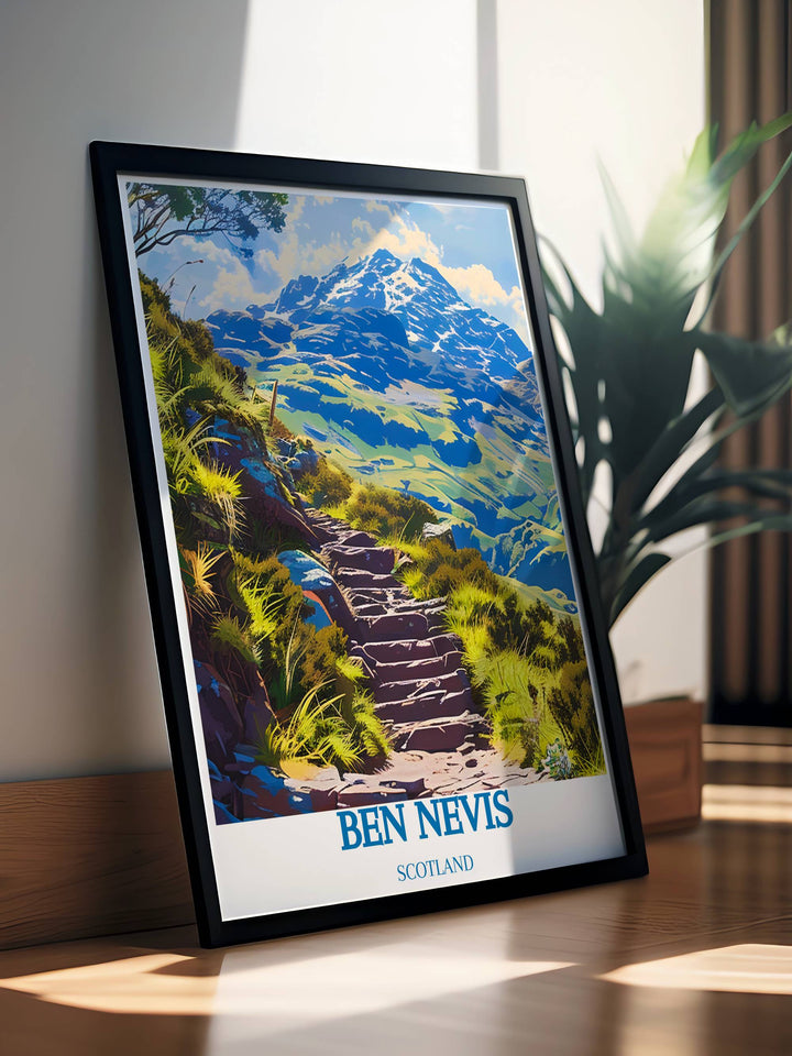 Sunrise at Ben Nevis Steps captured in a poster, highlighting the early morning light casting shadows and illuminating the mountain trail