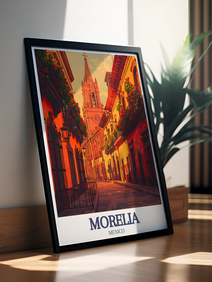 This travel print of Morelia captures the elegance of the city’s cathedral and the lively atmosphere of its alleys. Ideal for those who love detailed artwork and colorful Mexican scenes, this poster adds a dynamic touch to any decor.