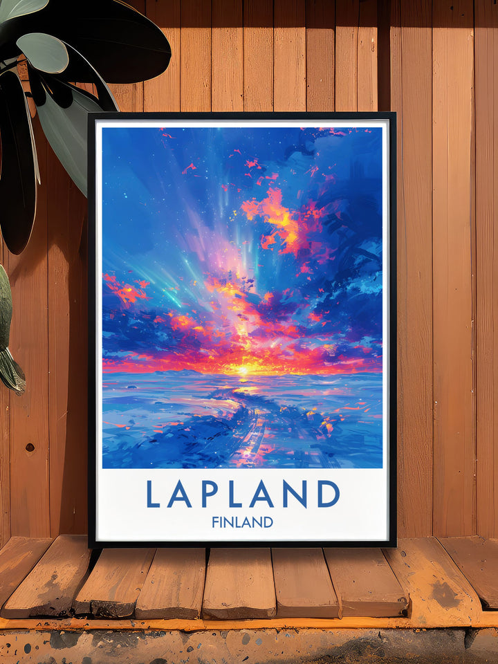 Captivating Northern Lights Poster featuring the ethereal beauty of the aurora borealis over Finland perfect for bringing the magic of the Northern Lights into your home or as a unique gift for nature enthusiasts.