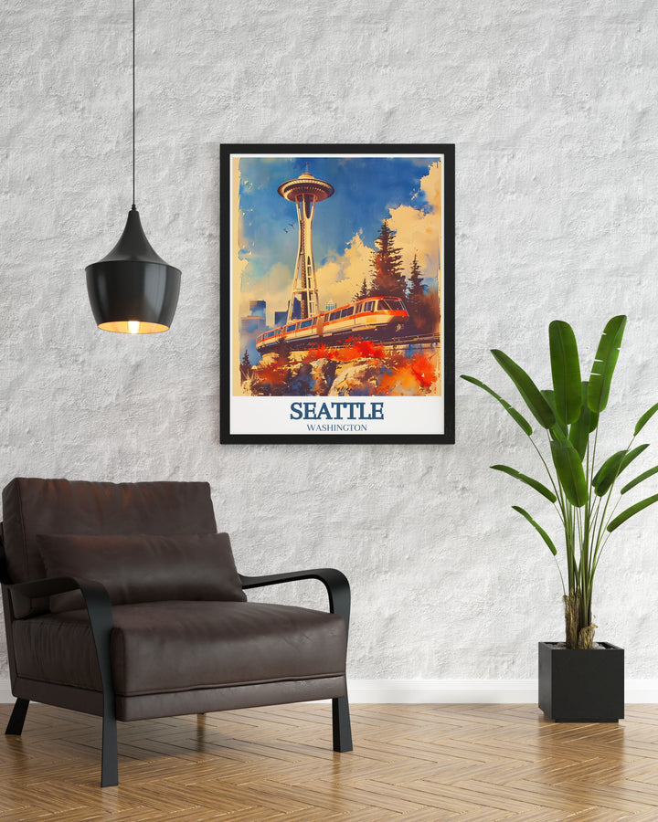 A must have for Seattle enthusiasts, this travel poster showcases the Space Needle and the famous Seattle Monorail. The high quality print and eye catching design make it a unique and memorable gift or addition to your home décor.