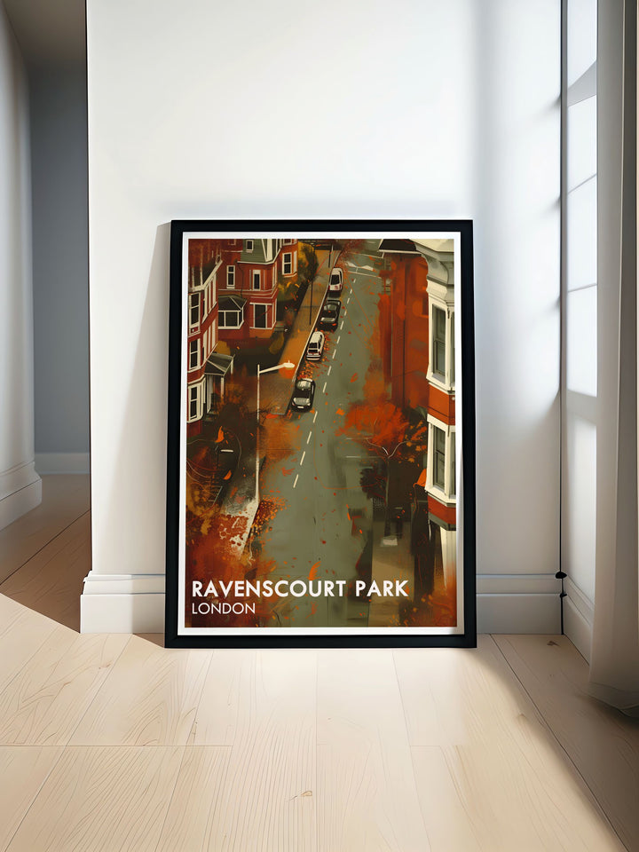 London Travel Poster featuring the serene beauty of Ravenscourt Park Residentials. Perfect for adding a touch of tranquility to any room, this poster highlights the parks lush greenery and historic trees, making it a beautiful addition to your home decor.