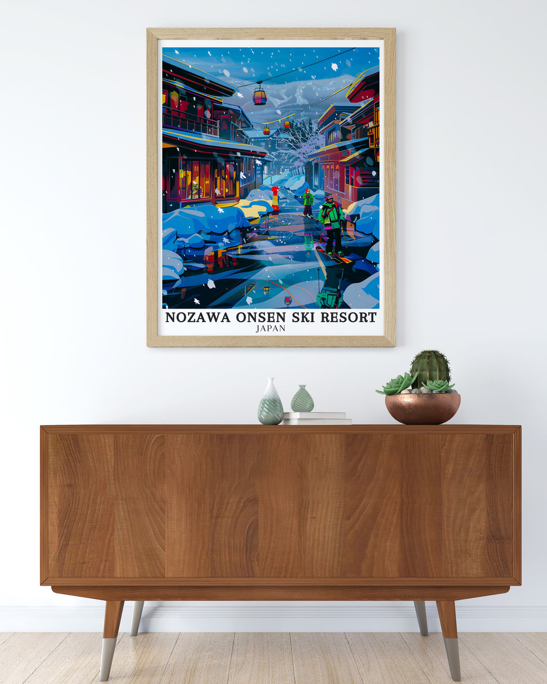 Nozawa Onsen Framed Art brings a sophisticated and elegant representation of Japans premier ski resort into your home. The artwork features the serene landscapes, iconic ryokans, and the tranquil hot springs that make Nozawa Onsen a must visit destination.