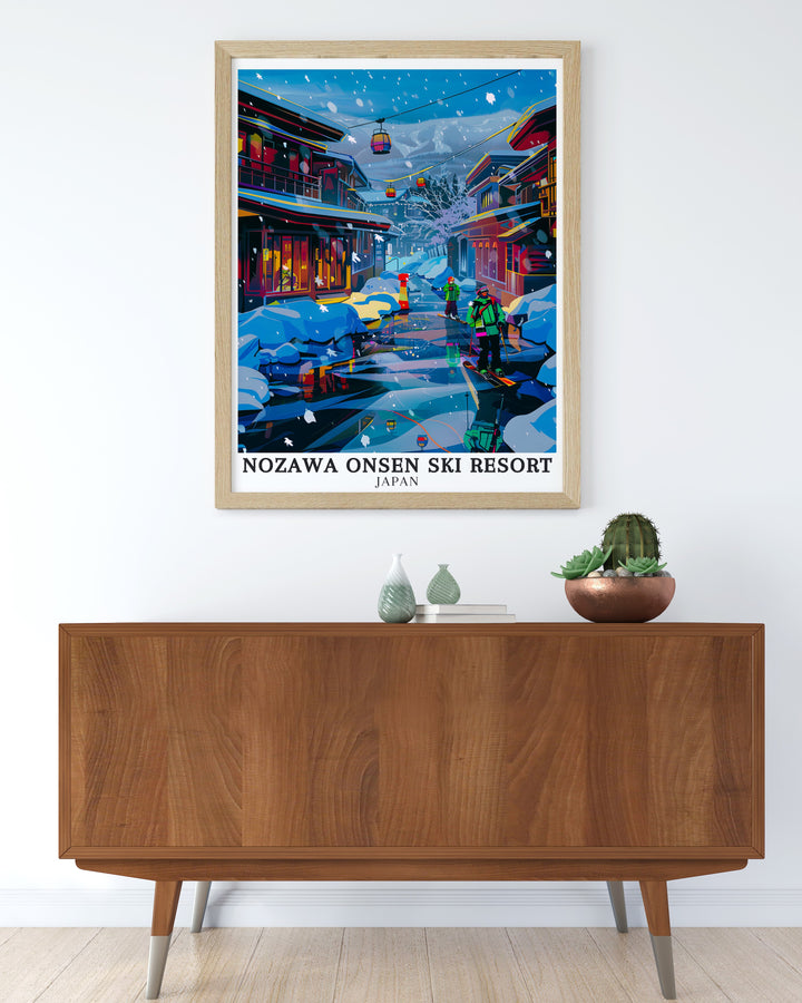 Nozawa Onsen Framed Art brings a sophisticated and elegant representation of Japans premier ski resort into your home. The artwork features the serene landscapes, iconic ryokans, and the tranquil hot springs that make Nozawa Onsen a must visit destination.