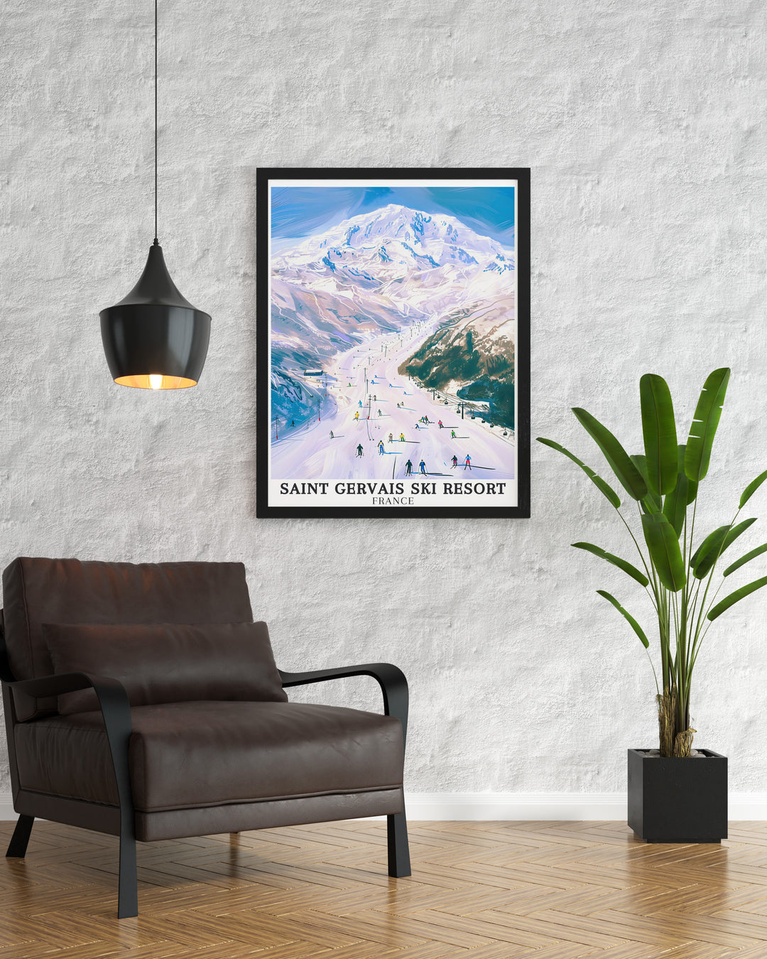 A framed art piece featuring the scenic Saint Gervais and the majestic Mont Blanc. This artwork combines elegance and adventure, making it a perfect addition to the home of anyone who loves the French Alps or the sport of skiing.