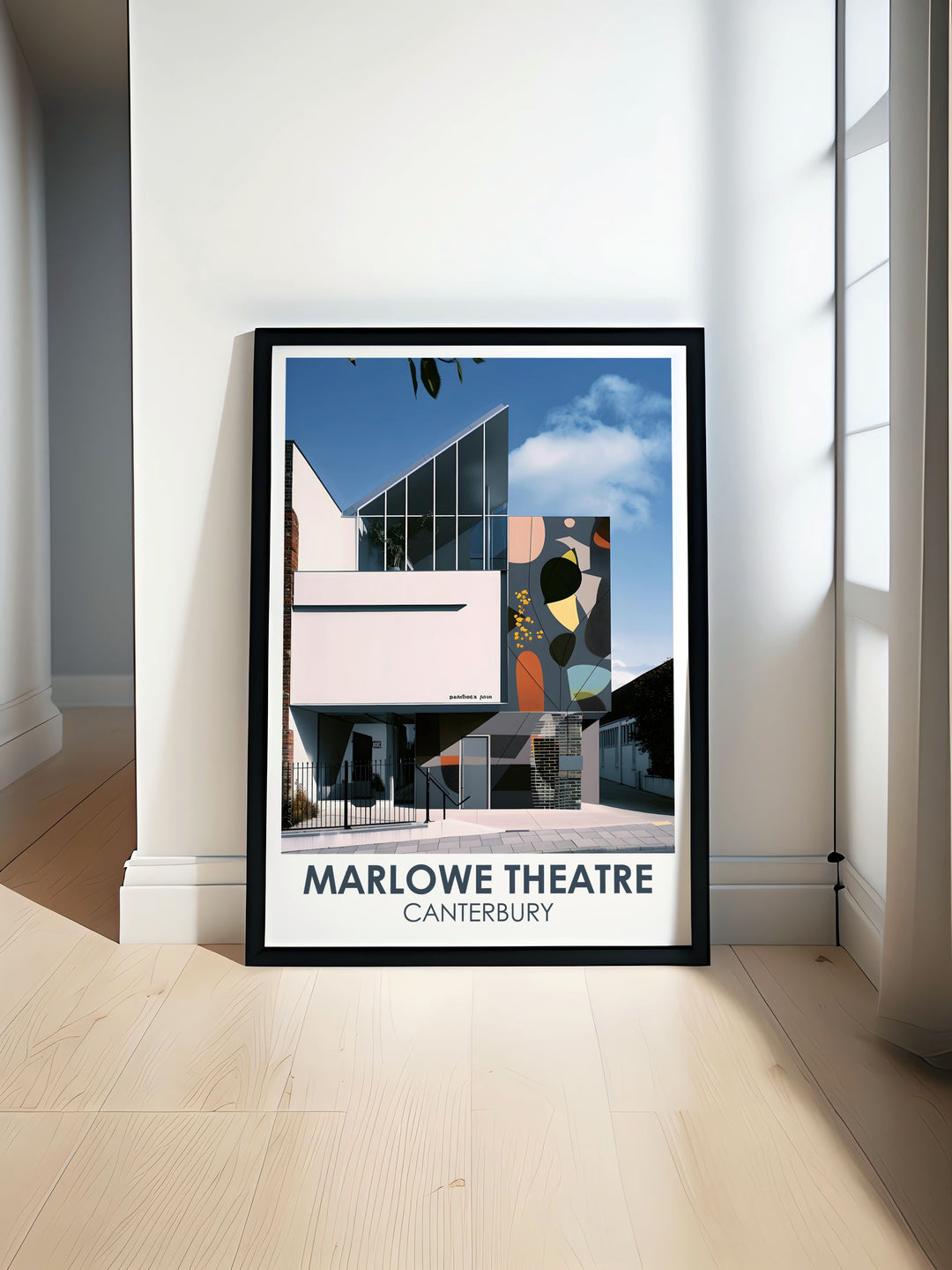 This detailed travel poster captures the Marlowe Theatre in Canterbury, highlighting its contemporary design against the backdrop of the historic city, making it a perfect addition to any home decor, ideal for theater enthusiasts and art lovers alike.