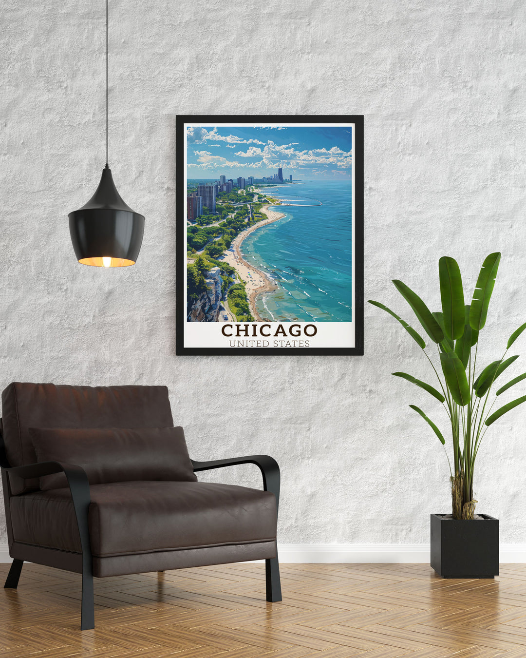 Stunning Lake Michigan artwork with a detailed Chicago cityscape making it a perfect addition to your home decor and a great Chicago gift for travel enthusiasts.
