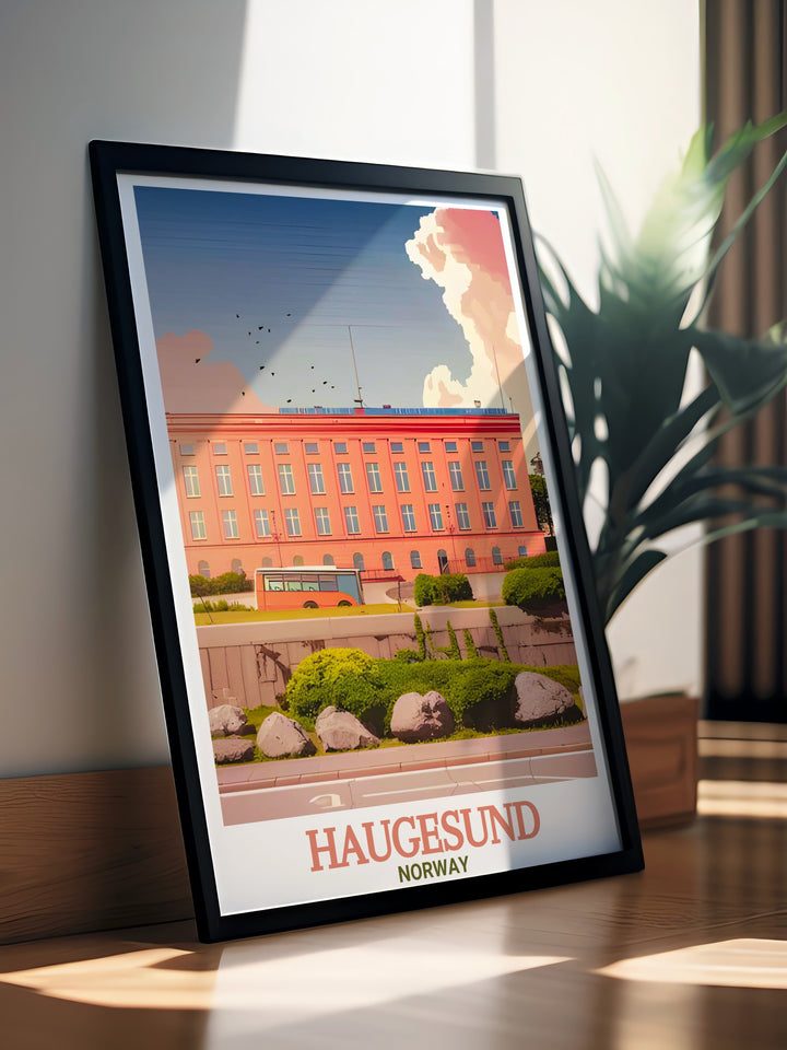 Haugesund travel poster features the citys rich cultural heritage with highlights of Haugesund City Hall and Haraldshaugen, bringing Norwegian history and coastal landscapes into your decor.