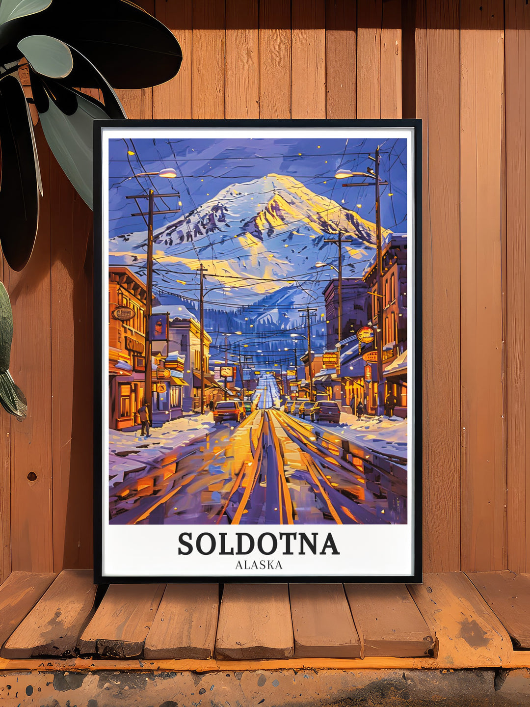 Beautiful Soldotna poster showcasing the powerful Mt. Redoubt Volcano and the serene Soldotna town. This detailed print captures the rugged landscapes of Alaska, ideal for adding a touch of wilderness to your space