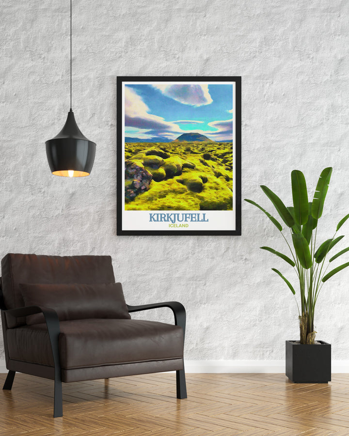 Iceland Framed Art presenting a combination of Icelands diverse landscapes, featuring the iconic Kirkjufell mountain and the expansive Berserkjahraun Lava Field. The framed art is a sophisticated addition to any room, offering a glimpse into the raw beauty and mystique of Icelands natural environment.