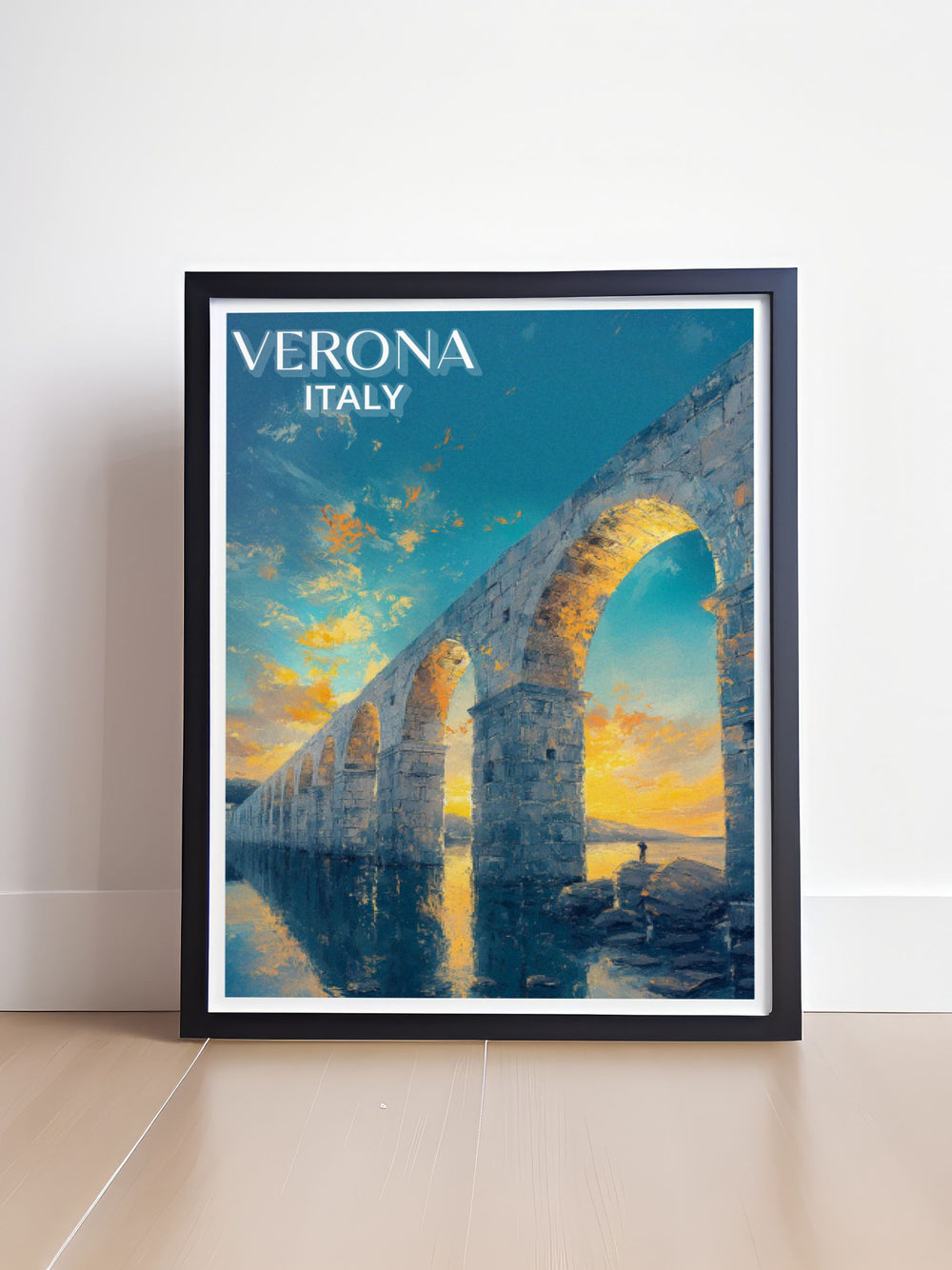 Captivating art print of Ponte Pietra, highlighting the bridges timeless elegance against Veronas picturesque backdrop, ideal for adding a touch of history to any room.