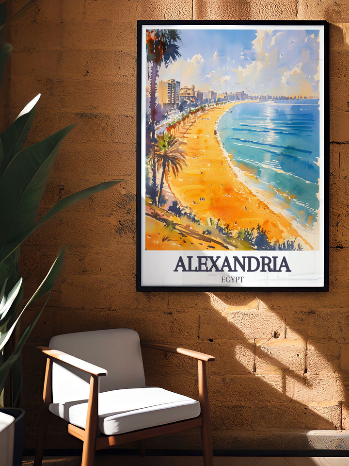 Perfect for gifts and home decor, this Alexandria Egypt art print showcases Stanley Beach and Corniche Promenade in a colorful and detailed design. It is an excellent choice for special occasions and celebrations.